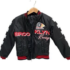 GIRLS‎ Brooklyn Racing Moto Bomber Jacket Puffer Black Red Patches Grunge Sporty